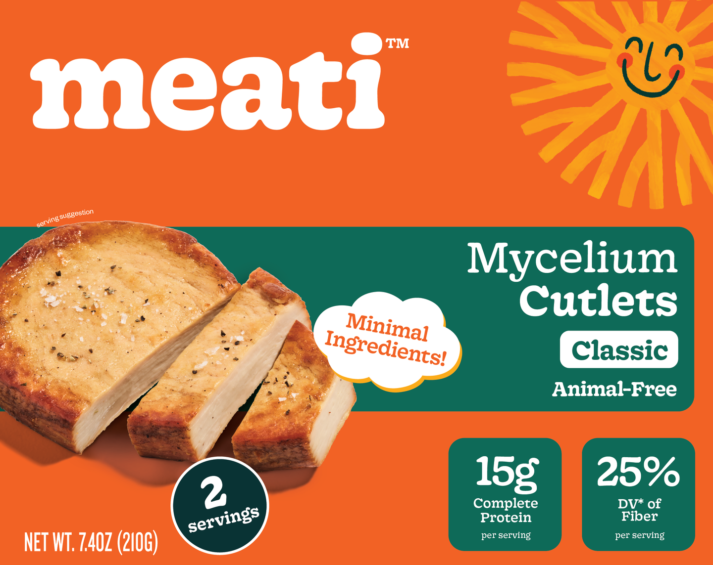 meati Mycelium Cutlets packaging with a smiley sun graphic on an orange background